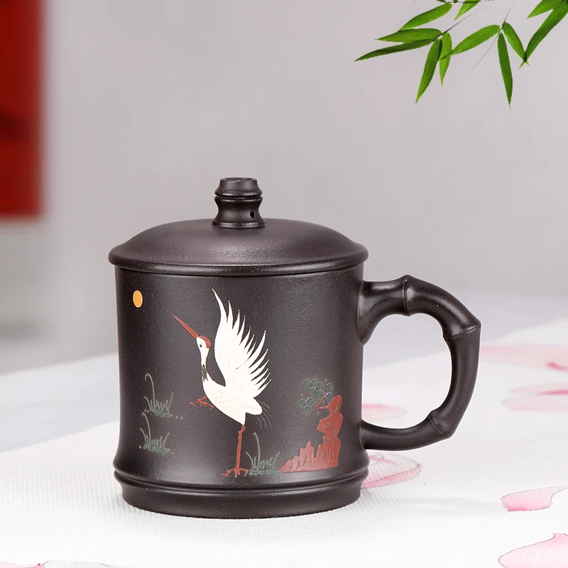 紫砂杯宜兴手工泥绘竹节盖杯石黄上等正宗男女士专用办公喝茶杯子