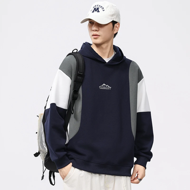 春季新款连帽卫衣男宽松山图形发泡印花工艺设计简约百搭F5921