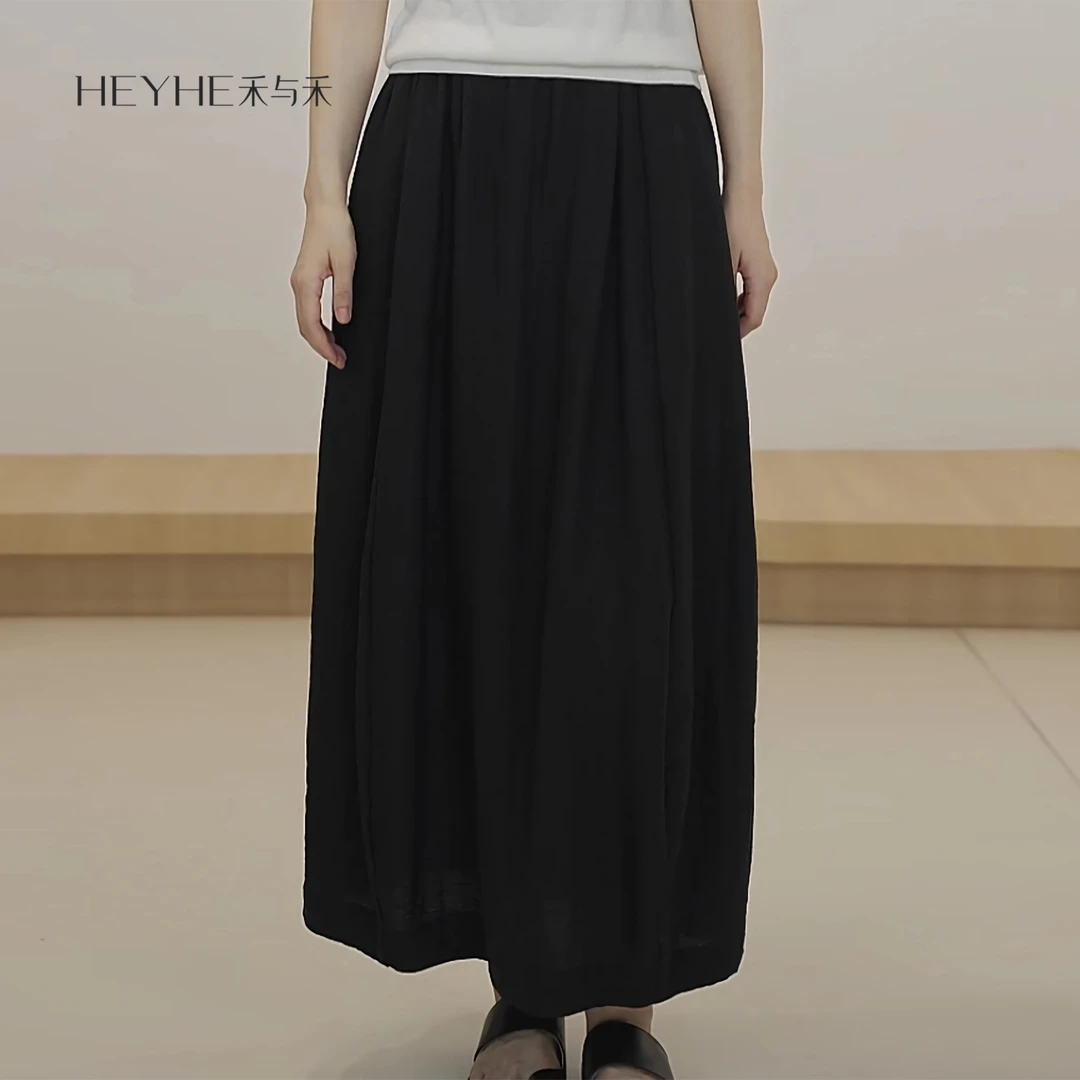 小禾【旧时光】老钱风亚麻松紧腰宽松休闲开叉半身裙25YX193