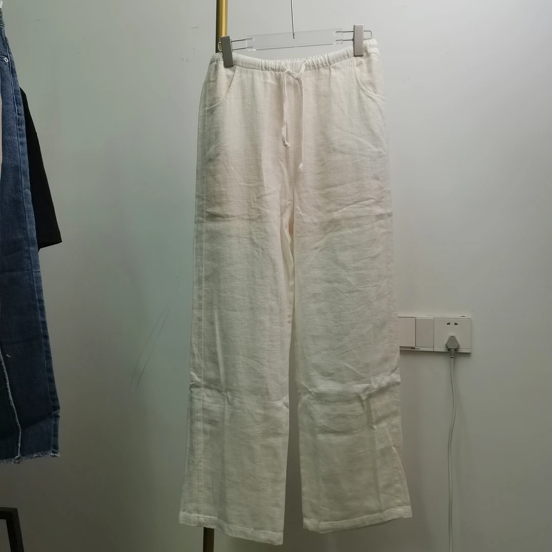 春夏松弛感宽松高腰垂感休闲水洗白色芒麻裤柔韧舒爽亚麻阔腿裤女
