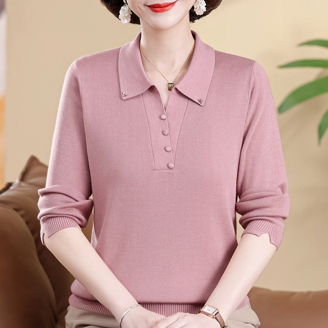 妈妈春秋款长袖针织衫2025年新款百搭翻领打底衫中年洋气薄款毛衣