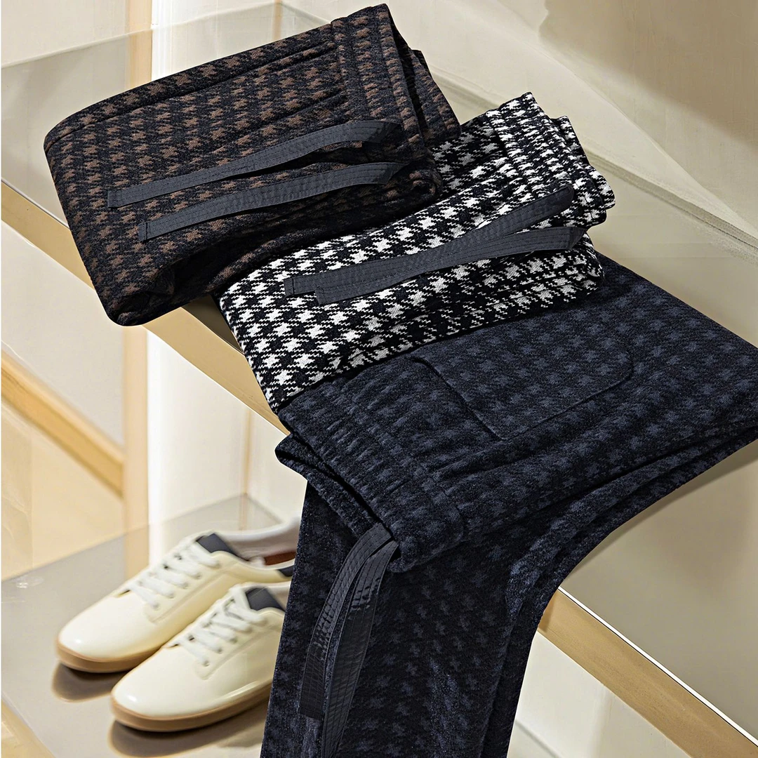 秋冬英伦风复古千鸟格子裤男士加厚保暖羊毛呢微阔直筒运动休闲裤