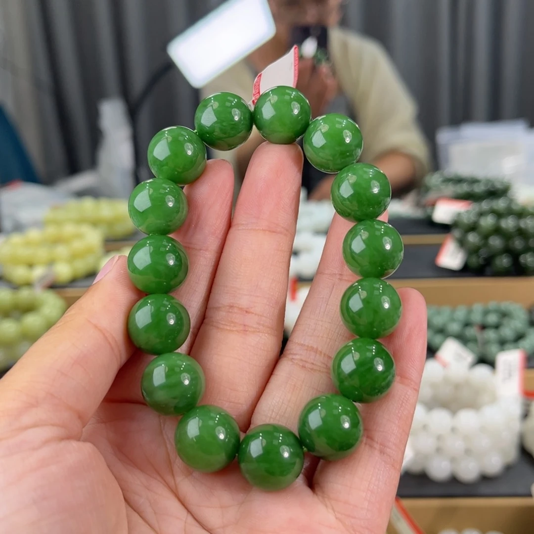 手串未镶嵌和田玉俄料碧玉辣阳绿卡14圆珠