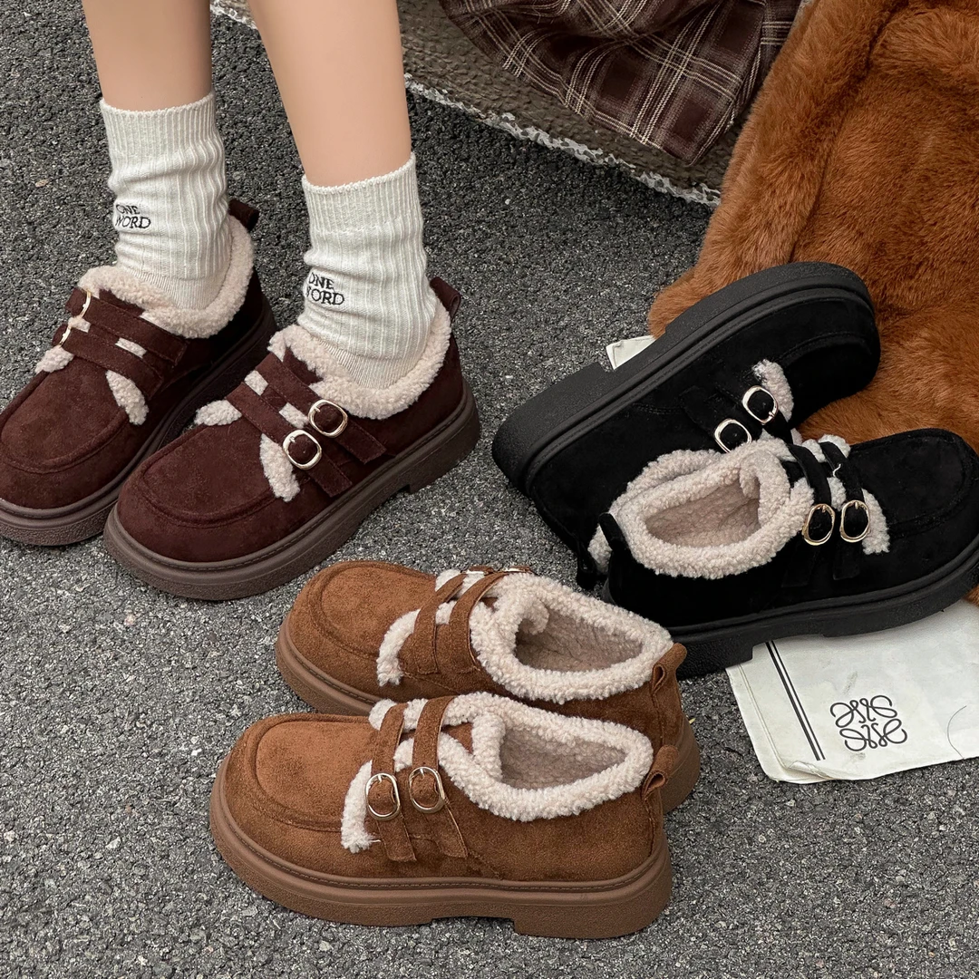 551-13冬季女羊京绒皮加绒保暖玛丽珍鞋软底软面舒适百搭
