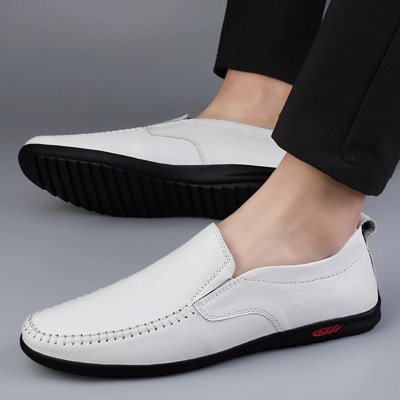 豆豆鞋男款通勤透气一脚蹬休闲男鞋软底耐磨防滑男士皮鞋白色鞋子