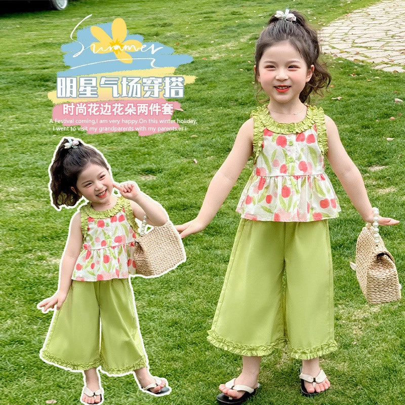 女小童夏季碎花套装2025新款女宝宝洋气时髦夏装小女孩无袖两件套