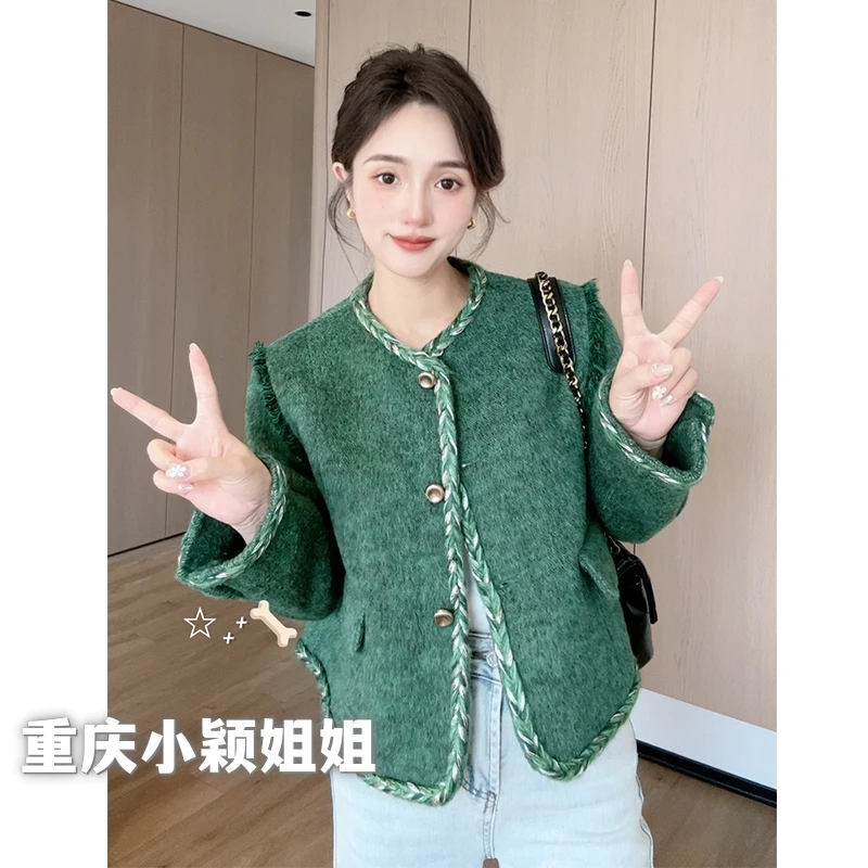 【重庆小颖姐姐】女装青果领常规毛呢外套拼接风短款保暖痞帅上衣