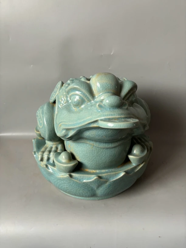 手工制作麒麟汝窑弥勒佛陶瓷摆件天青青釉蟾蜍雕塑青瓷瑞兽工艺品