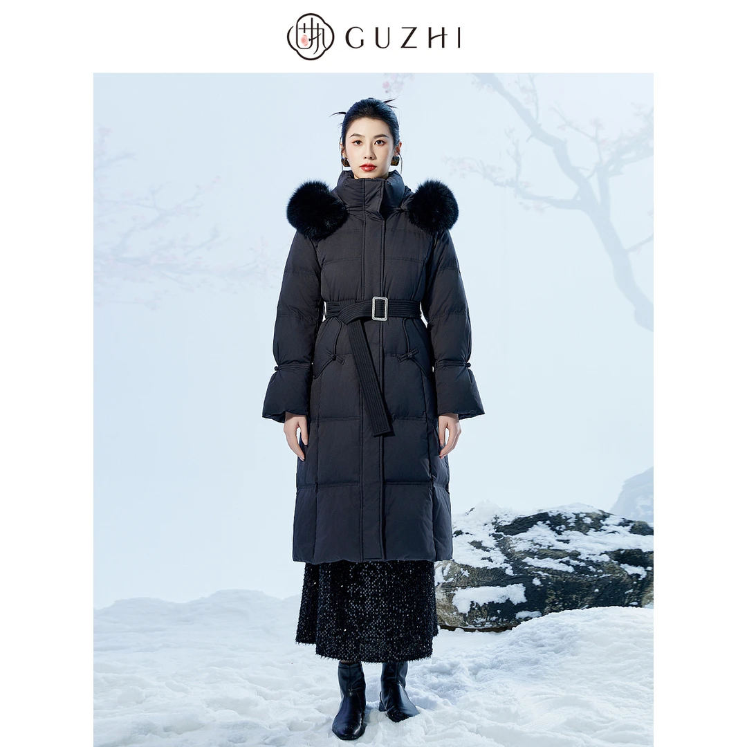 固执2024秋冬新款带帽高领保暖厚毛领90白鸭绒中长款羽绒服外套女