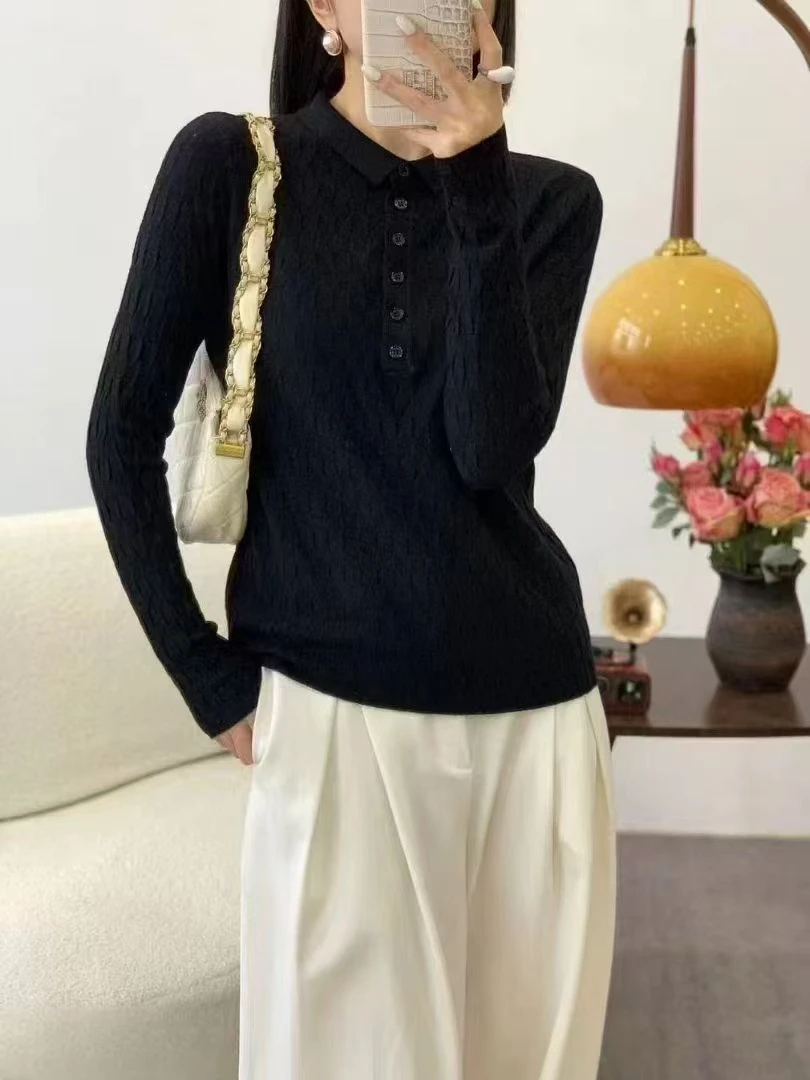 长袖女POLO领毛针织衫百搭翻领圆领套衫针织衫时尚秋季套头