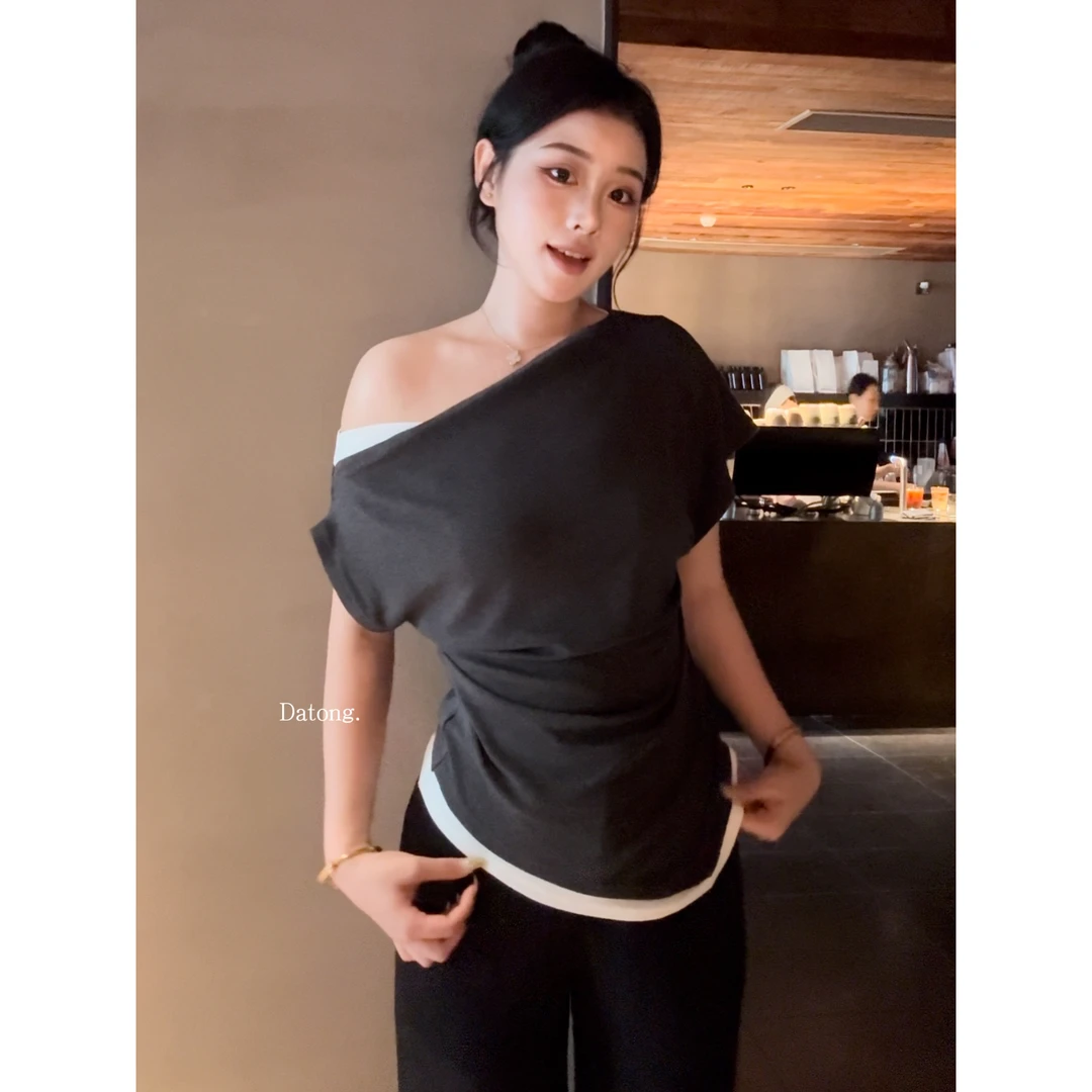 【Datong】夏季新款撞色斜肩不规则下摆显瘦露肩上衣