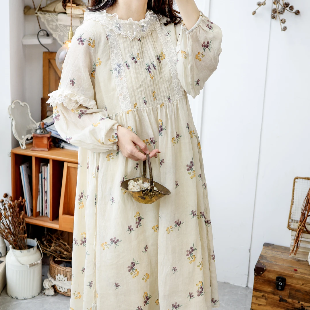 美村高端2025新款日系森系苎麻原创女装复古碎花连衣裙显瘦宽松