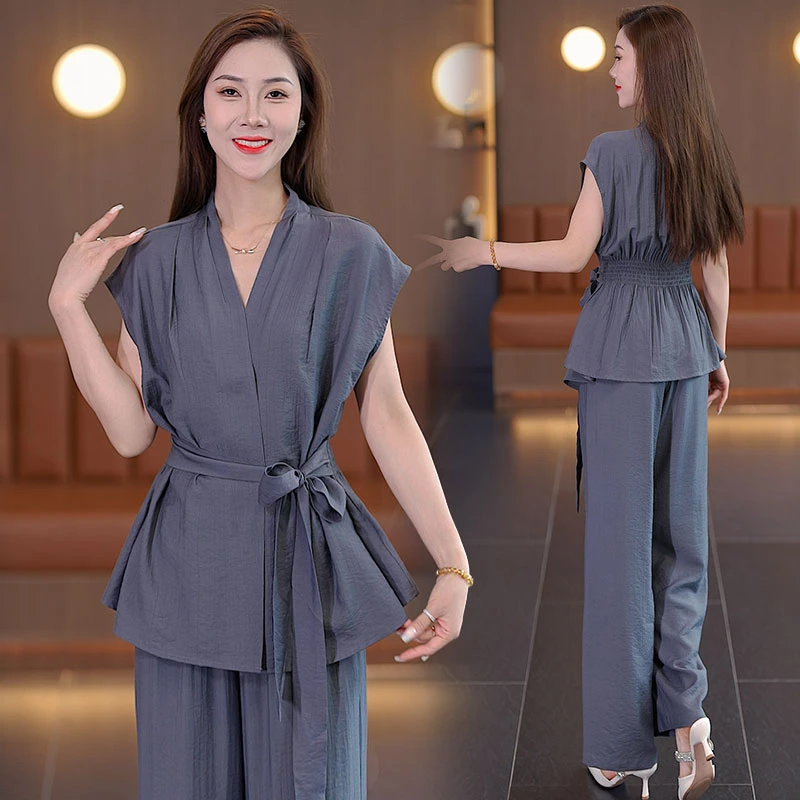 短袖老钱风时尚套装女2025夏季新款宽松显瘦无袖衬衫阔腿裤两件套