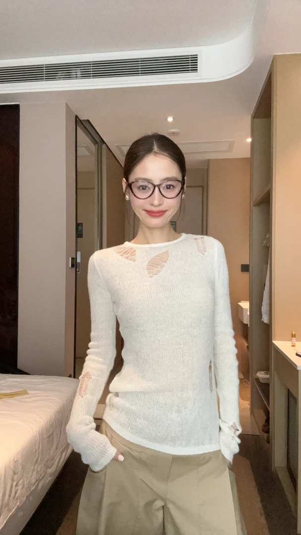 【部分现】纯欲风镂空不规则长袖女2025春秋新款显瘦慵懒上衣M1370
