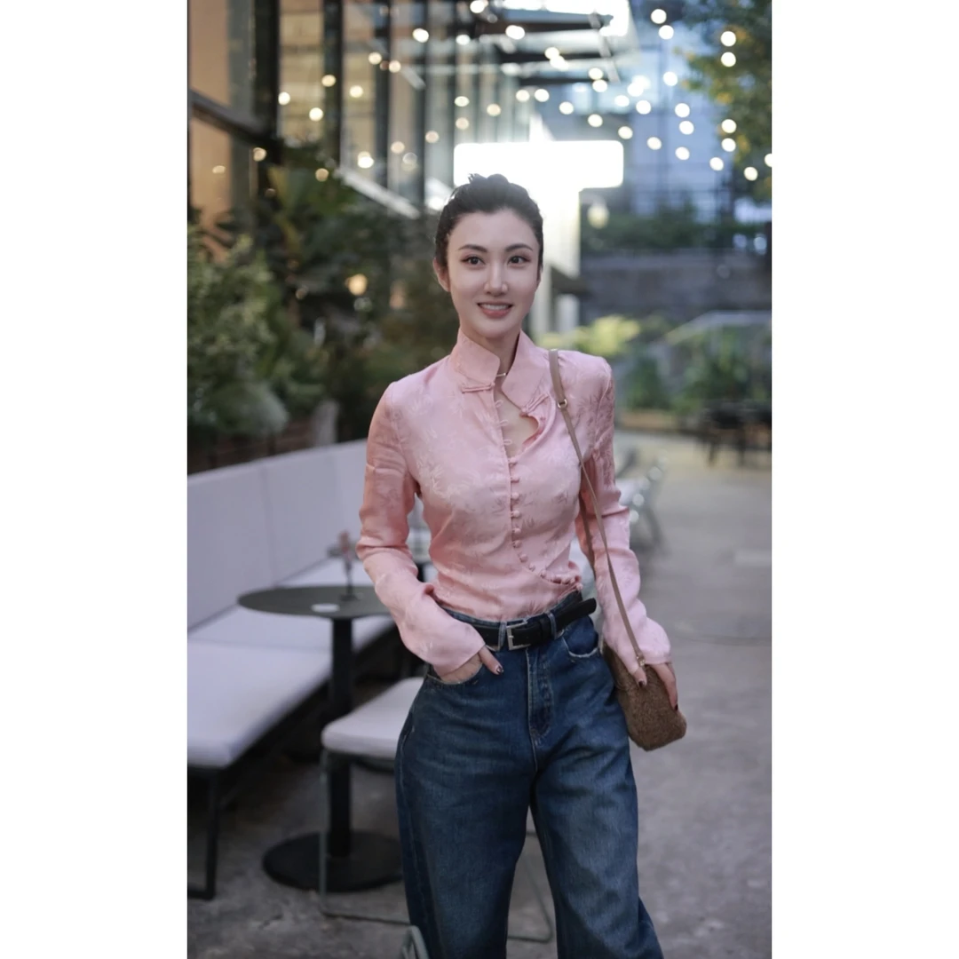 【壁虎服饰】24新*国风新中式斜襟排扣竹叶提花粉玫瑰金衬衫