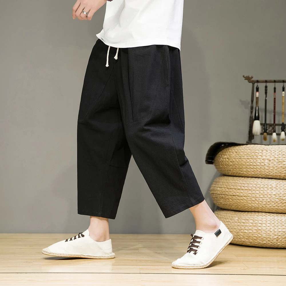 棉麻七分裤男中国风宽松阔腿哈伦裤夏季轻薄款透气大码休闲萝卜裤
