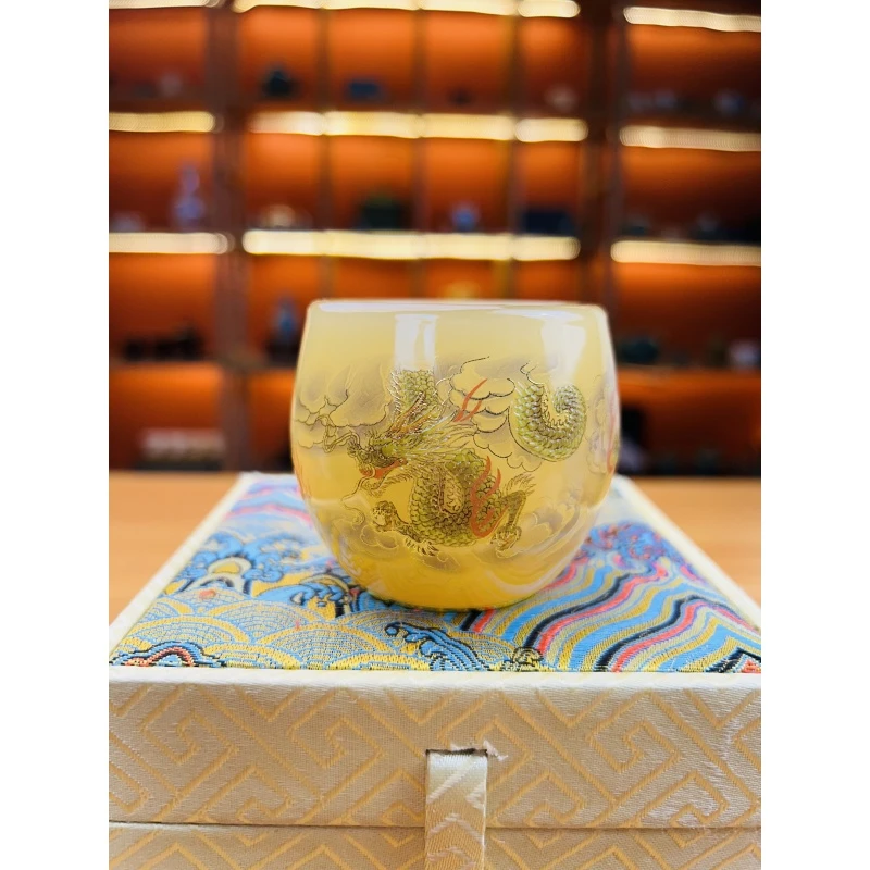 正品《龙腾盛世》琥珀黄琉璃主人杯夜光杯/容量80毫升/配礼品袋