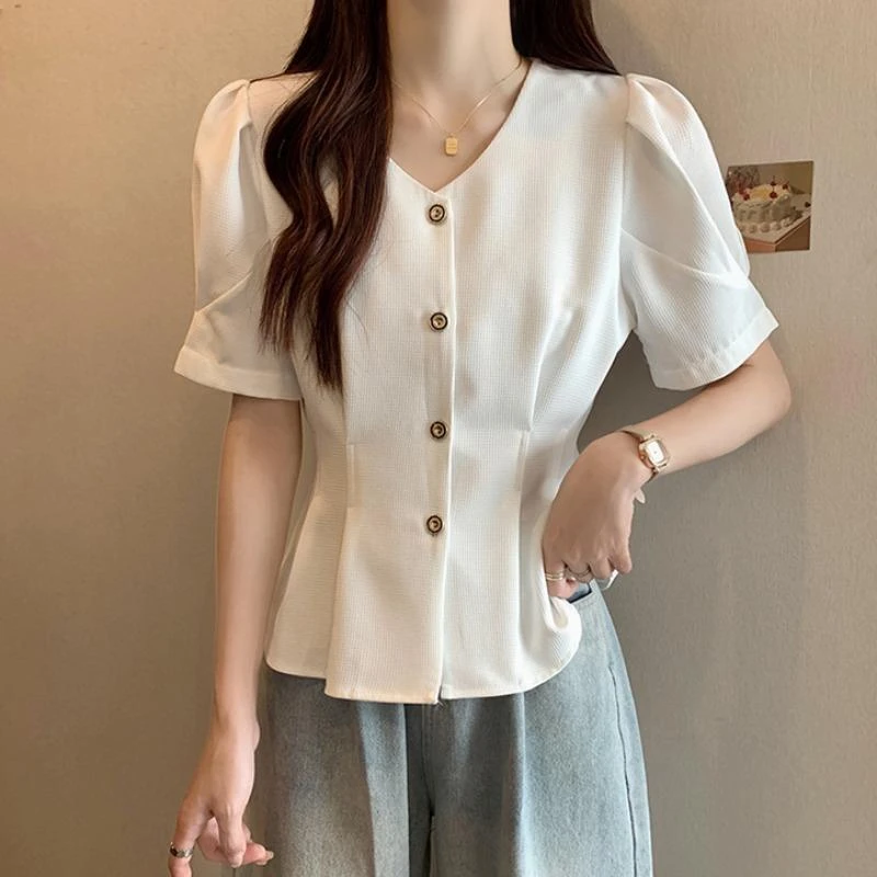 感法式V领正肩短袖衬衫女大码夏季胖妹妹收腰遮肚雪纺小衫上衣