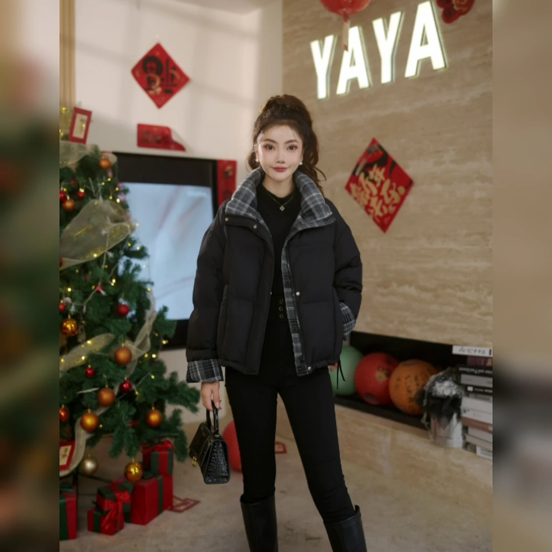 鸭鸭羽绒服女冬季新品时尚百搭鸭绒格子短款外套YE5B605525L