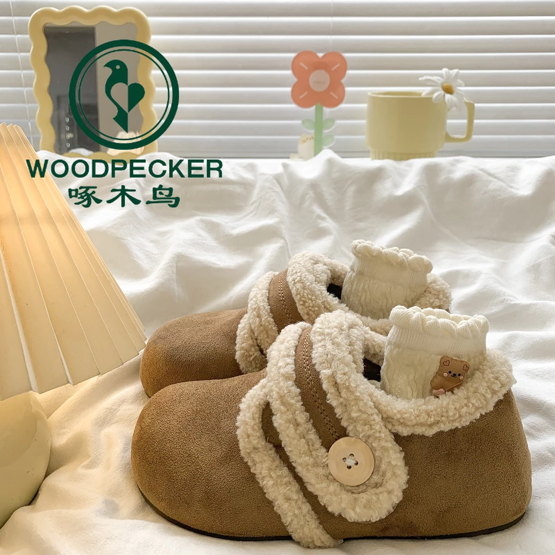 啄木鸟厚底内增高毛毛勃肯鞋女2025新款秋冬季加绒雪地靴外穿棉鞋