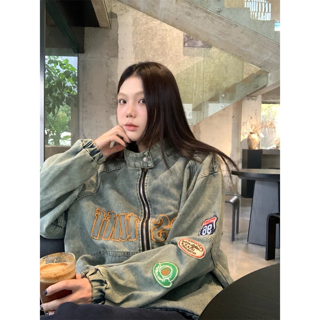 实拍 美式复古机车风vintage牛仔外套女春秋款刺绣重工夹克宽松潮