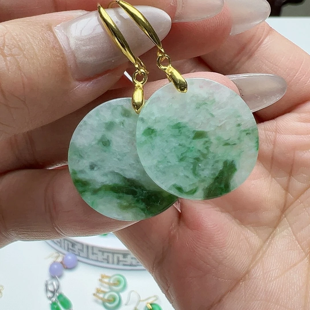 翡翠耳饰银S925镶嵌天然缅甸A货翡翠