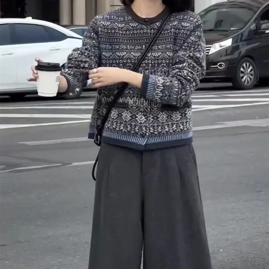 新款复古时尚长袖印花外套休闲阔腿裤大码女装