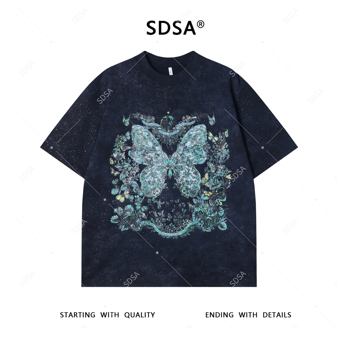 夏季高级感新款男士美式蝴蝶印花圆领短袖T恤高街宽松设计师上衣