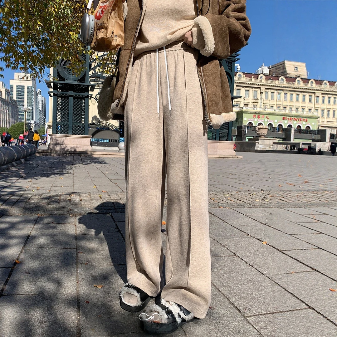 加绒人字纹羊毛呢裤子女冬2025新款胖mm大码休闲窄版直筒阔腿裤子