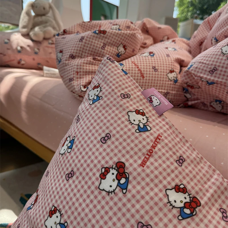 易安阁双层纱卡通kt猫粉嫩格子四件套1.5m1.8米学生宿舍三件套