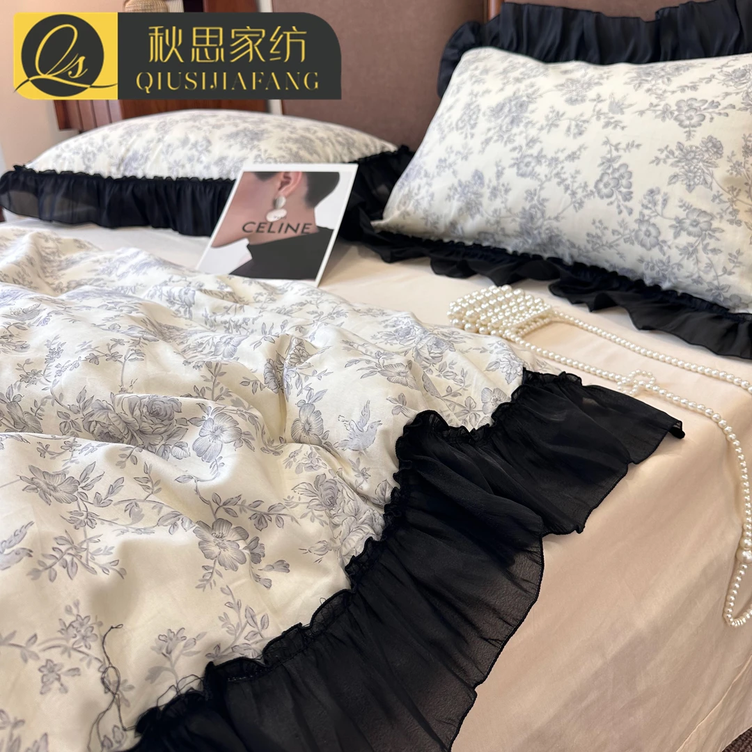 法式浪漫复古赫本风花边被套纯棉床上四件套公主风全棉床单三件套