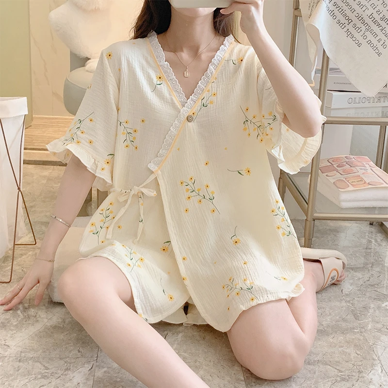 短袖哺乳孕妇睡衣夏季两件套待产纯棉纱布月子服夏天薄款产后喂奶