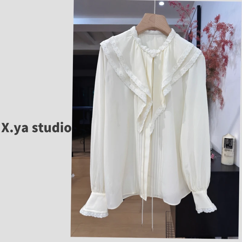 小雅家   2025百搭系带荷叶边衬衫女欧货春季气质灯笼袖上衣衬衫