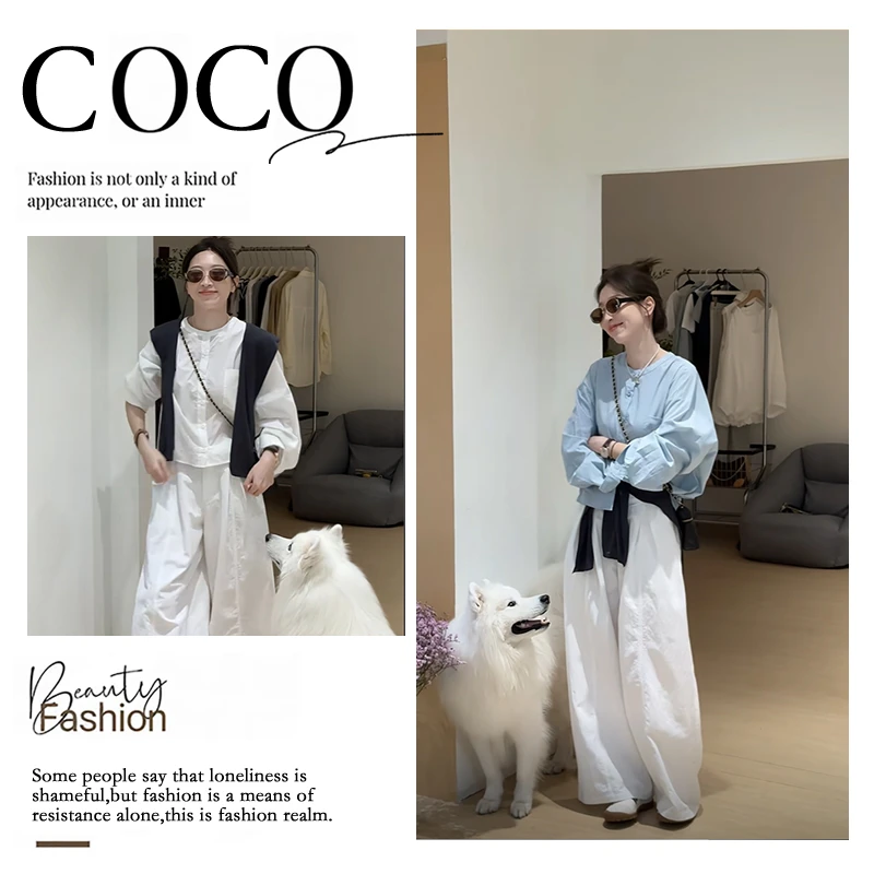 早秋绝美巨好看套装女通勤披肩圆领宽松衬衫上衣休闲阔腿裤两件套