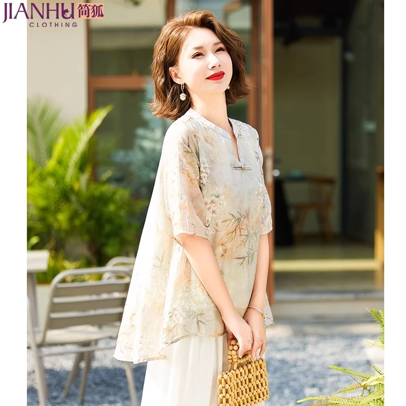 妈妈装2025春夏新款中国风上衣洋气V领衬衫中年女装宽松小衫套装