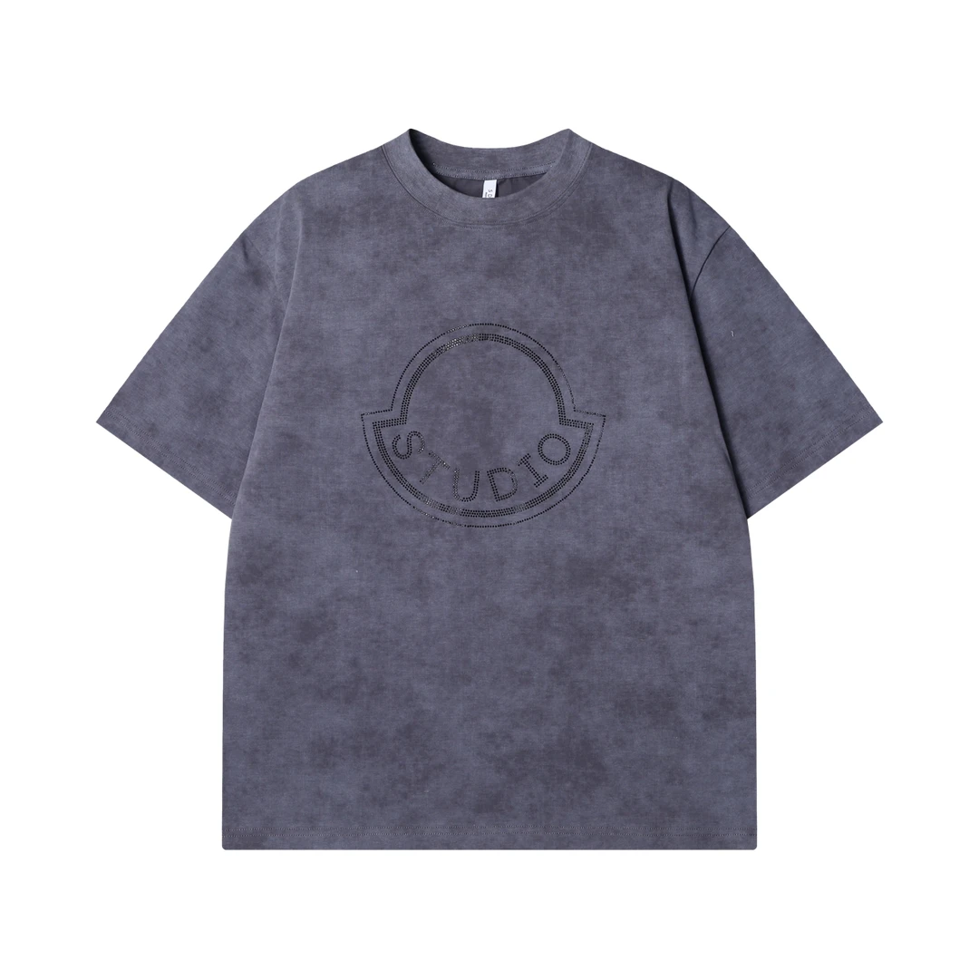 夏季高级感新款美式烫钻字母圆领短袖T恤重磅宽松设计师街头上衣