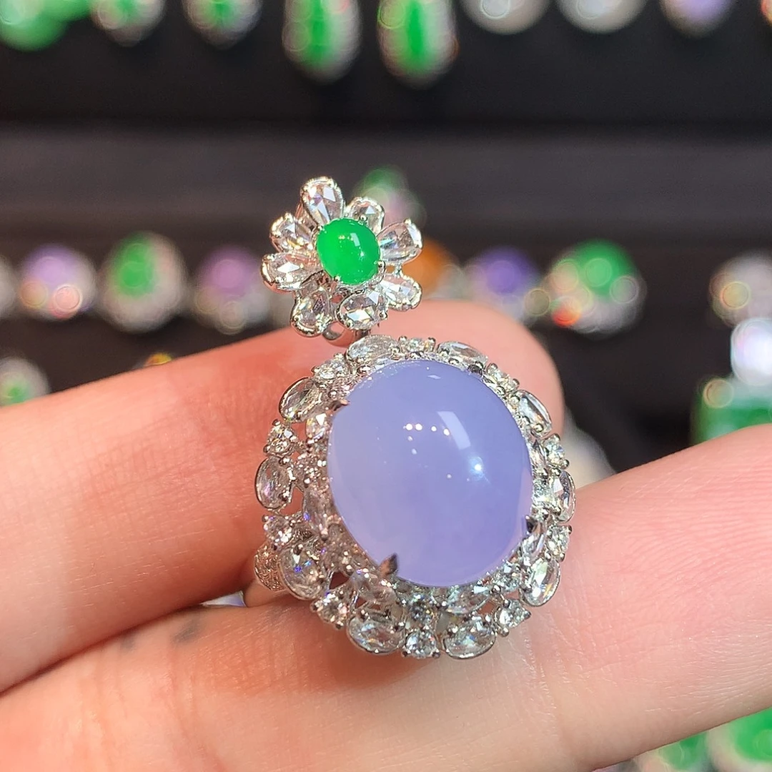 翡翠18K金镶嵌戒指高冰紫罗兰蛋面戒指吊坠两用款