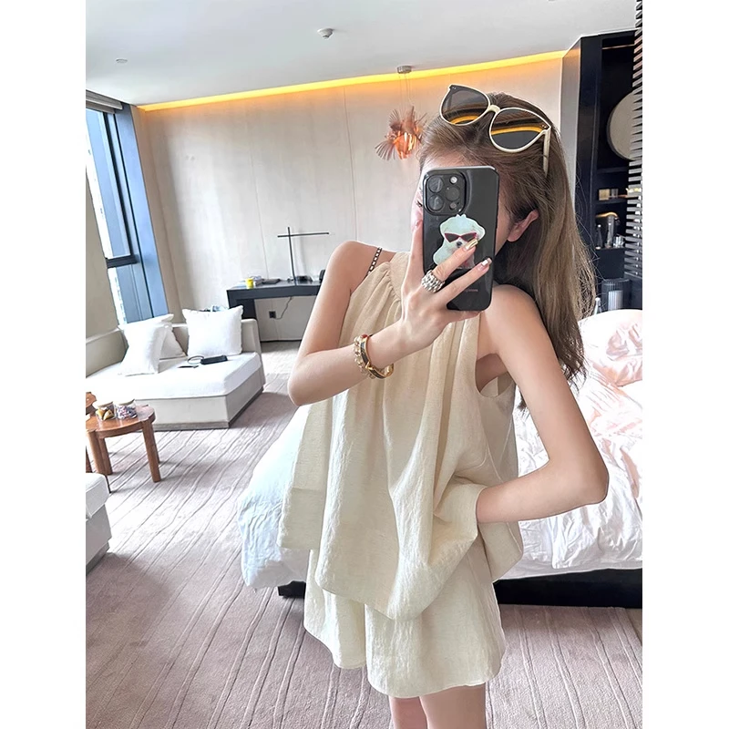 纯欲慵懒老钱风套装女2025夏季新款小个子韩系两件套无袖上衣短裤