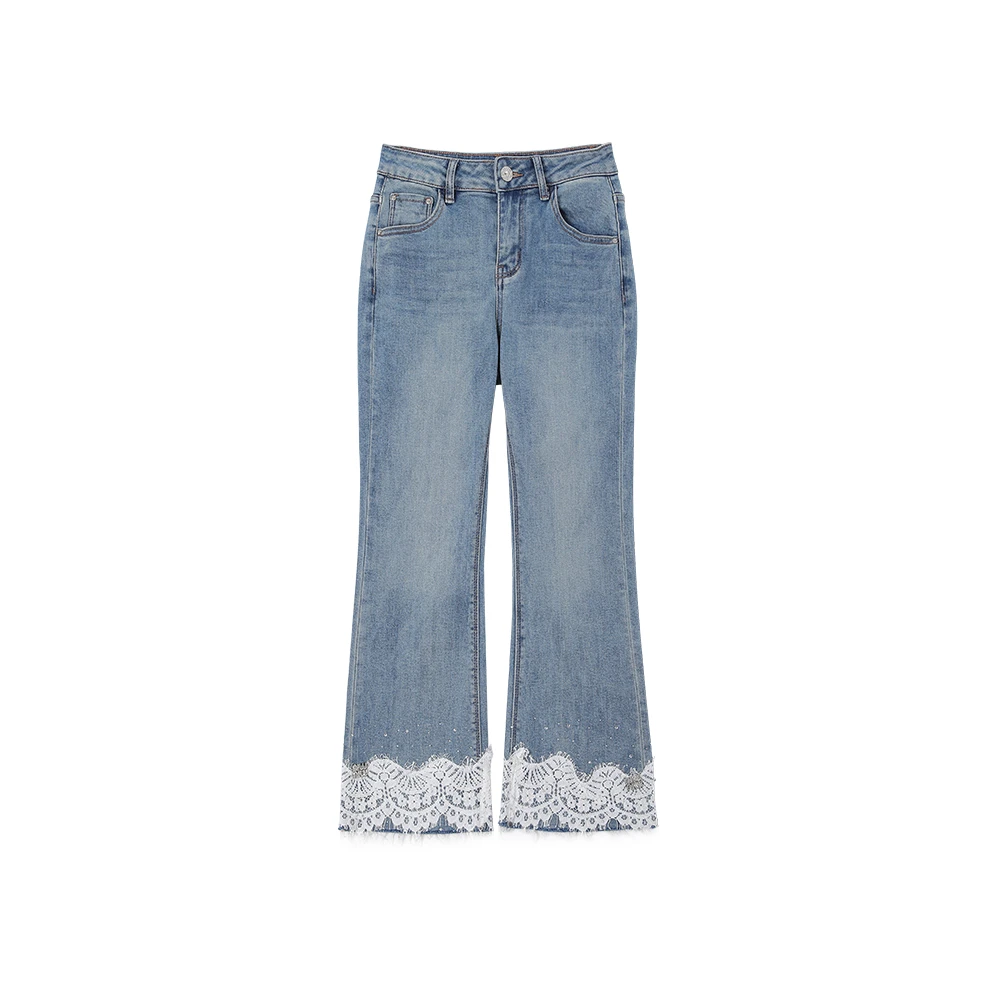 新款显瘦百搭蕾丝拼边牛仔裤5531930