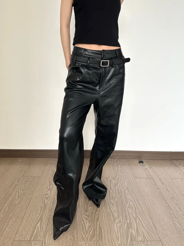 WORK DAY工作日 时髦双腰带阔腿裤皮裤小众设计感休闲黑色长裤女