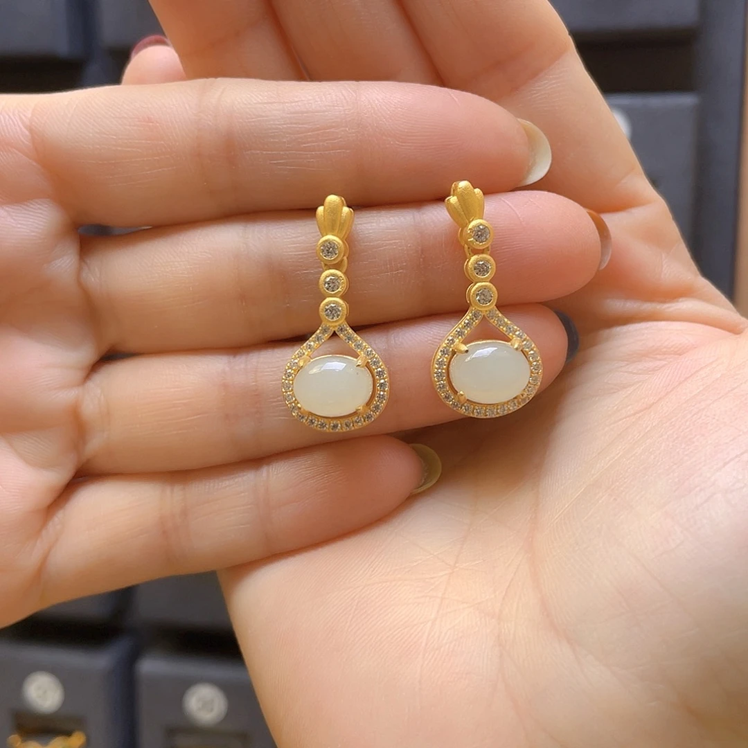 和田玉银S925镀金镶嵌耳饰