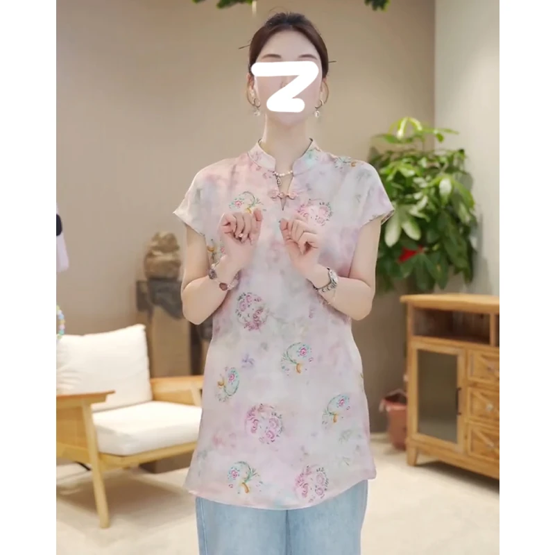 新中式复古盘扣气质衬衫女装短袖夏季中长款中国风提花高级感上衣