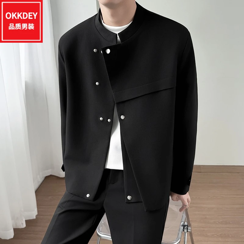 轻奢痞帅男装春秋季新款男装时尚休闲不规则短外套设计感立领夹克