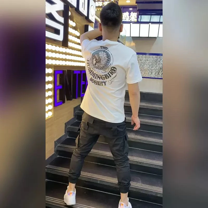 欧洲站印花半袖个性青年修身圆领体恤男网红纯棉打底短袖T恤潮男