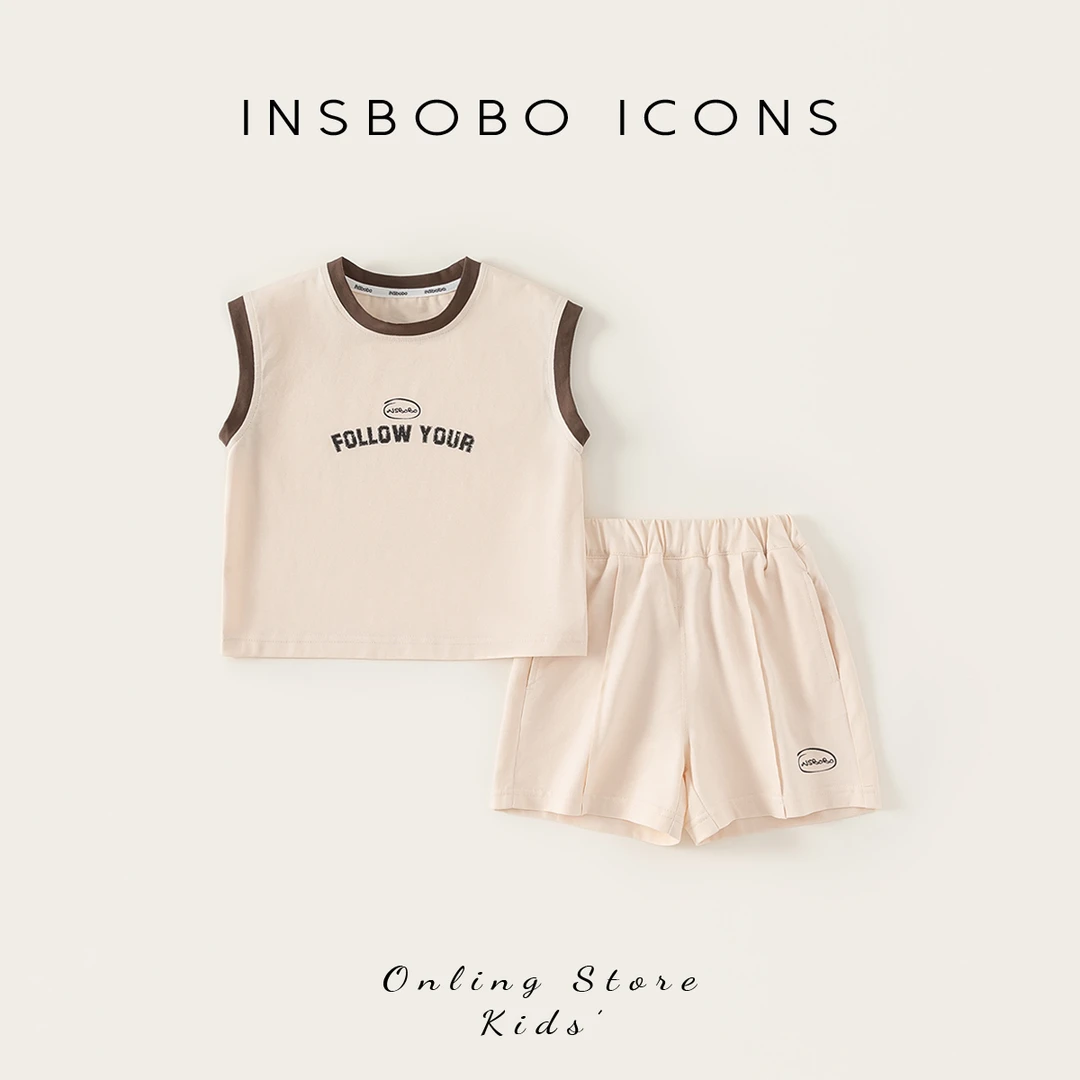 INSbobo儿童套装字母印花无袖T恤+字母印花休闲短裤两件套XT85017