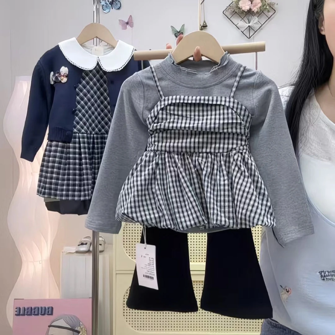 女童秋套装2025新款“格纹泡泡”真两件格子上衣+喇叭裤三件套装