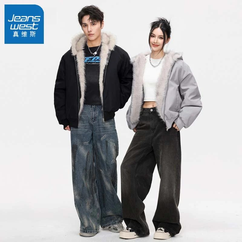 真维斯毛茸茸座山雕棉服男女情侣款棉外套美式休闲保暖派克服夹克