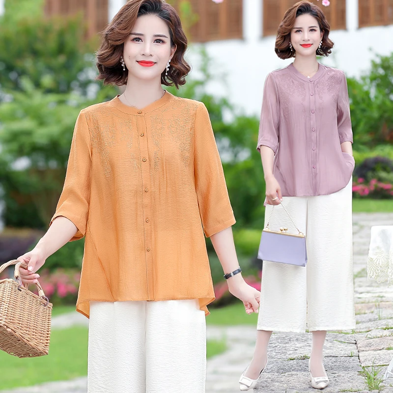 妈妈夏装仿棉麻套装中老年女七分中袖衬衫上衣40岁50中年短袖两件
