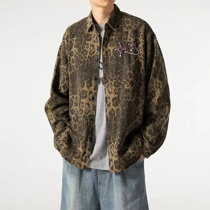 复古外套2024宽松大码情侣夹克衬衫over国潮春秋新款长袖size豹纹