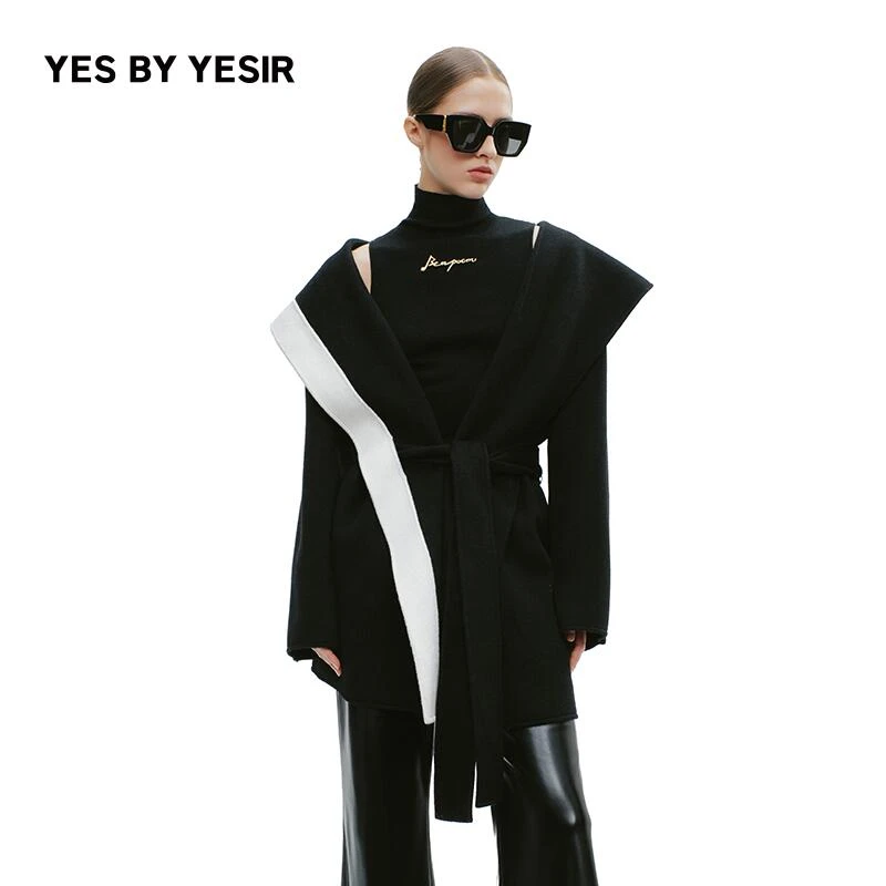 叶谦原创设计师25年冬新款错位时空黑白浴袍毛呢大衣YEFLC18044